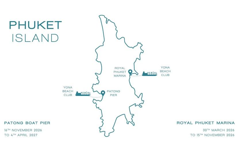 Map of Phuket Island showing Yona Beach Club, Patong Pier, and Royal Phuket Marina locations.