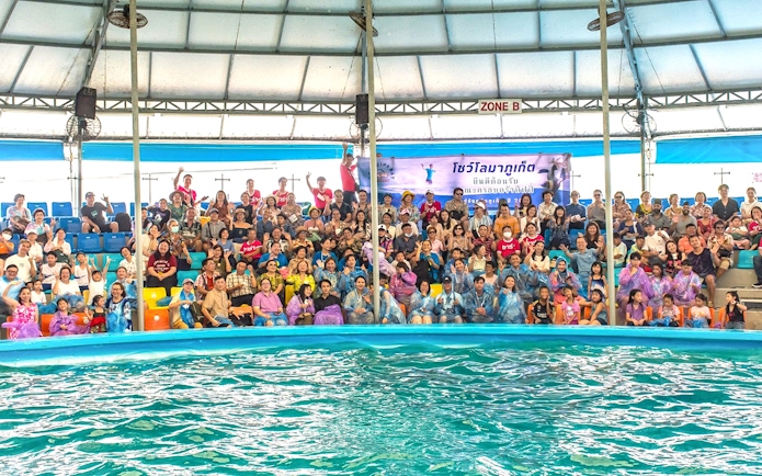 Audience watching a dolphin show in Phuket stadium.