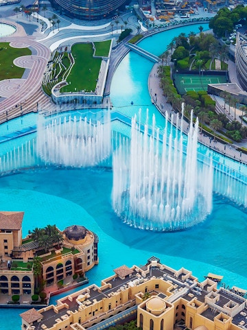 Dubai Fountain aerial view with water jets near Burj Khalifa, Dubai.