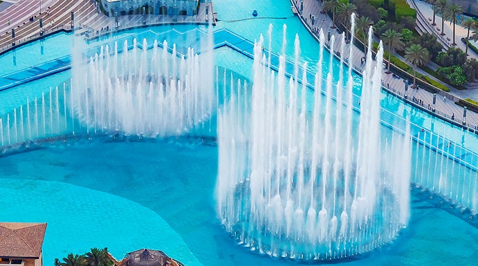 Dubai Fountain aerial view with water jets near Burj Khalifa, Dubai.