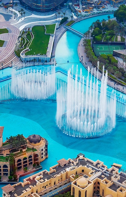 Dubai Fountain aerial view with water jets near Burj Khalifa, Dubai.