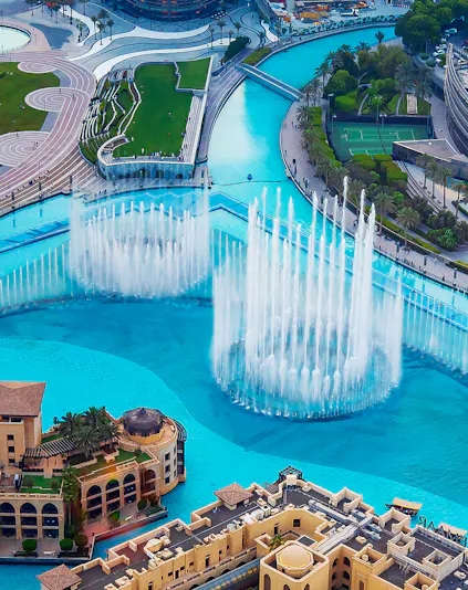 Dubai Fountain aerial view with water jets near Burj Khalifa, Dubai.