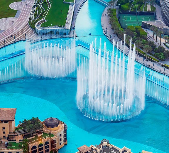 Dubai Fountain aerial view with water jets near Burj Khalifa, Dubai.