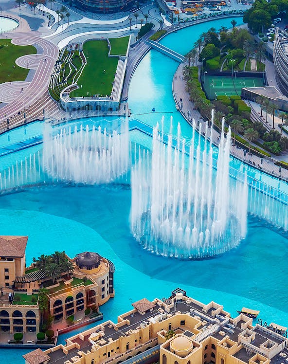 Dubai Fountain aerial view with water jets near Burj Khalifa, Dubai.