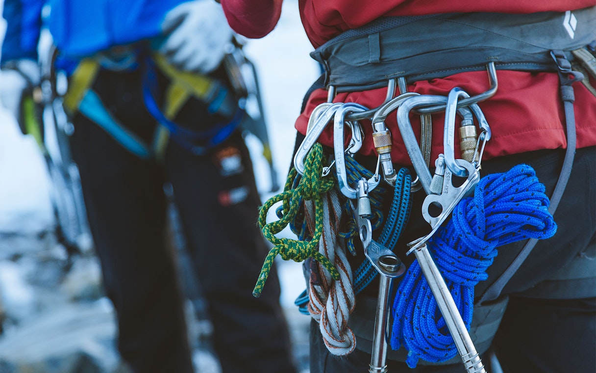 Climbing gear and ropes on harness, Fox Glacier Heli Ice Climbing Experience.