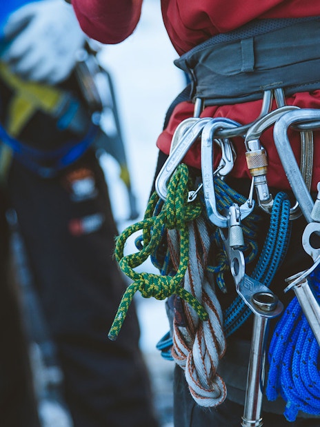 Climbing gear and ropes on harness, Fox Glacier Heli Ice Climbing Experience.