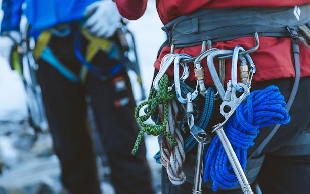 Climbing gear and ropes on harness, Fox Glacier Heli Ice Climbing Experience.