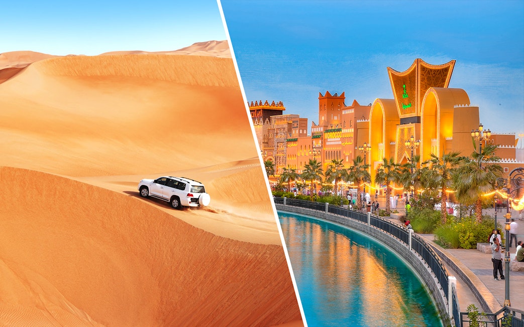 Desert safari in Dubai with SUV on sand dunes and Dubai Global Village with illuminated buildings.