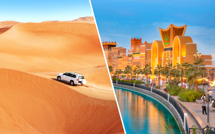 Desert safari in Dubai with SUV on sand dunes and Dubai Global Village with illuminated buildings.