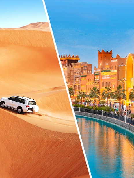 Desert safari in Dubai with SUV on sand dunes and Dubai Global Village with illuminated buildings.