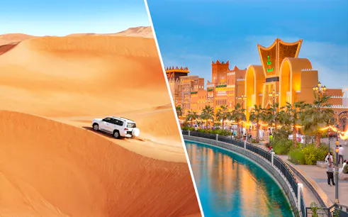 Desert safari in Dubai with SUV on sand dunes and Dubai Global Village with illuminated buildings.