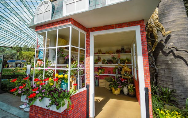 Gardens by the Bay floral display with vibrant flowers and potted plants in Singapore.