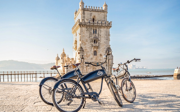 E-bikes parked near Belém Tower in Lisbon, Portugal.