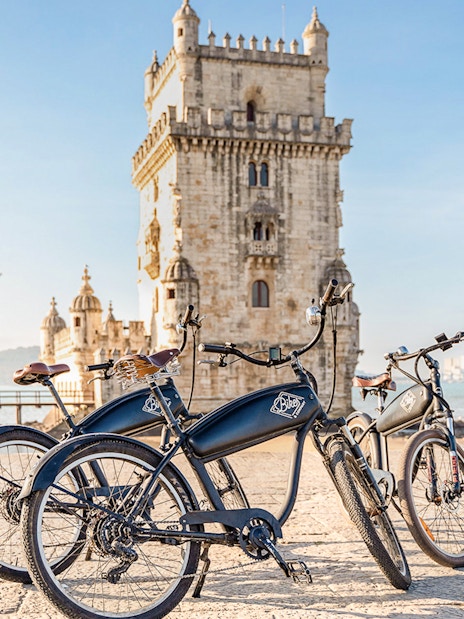 E-bikes parked near Belém Tower in Lisbon, Portugal.