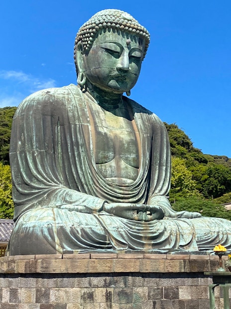 Big Buddha statue in Kamakura, Japan, surrounded by trees and visitors.