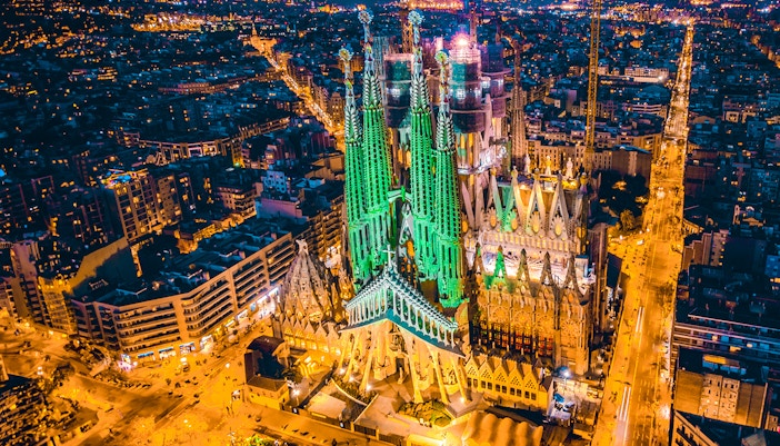 Sagrada Familia illuminated with Christmas lights in Barcelona, Spain.