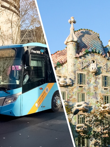 Aerobus in Barcelona city center with Casa Batlló in the background, offering airport transfers.