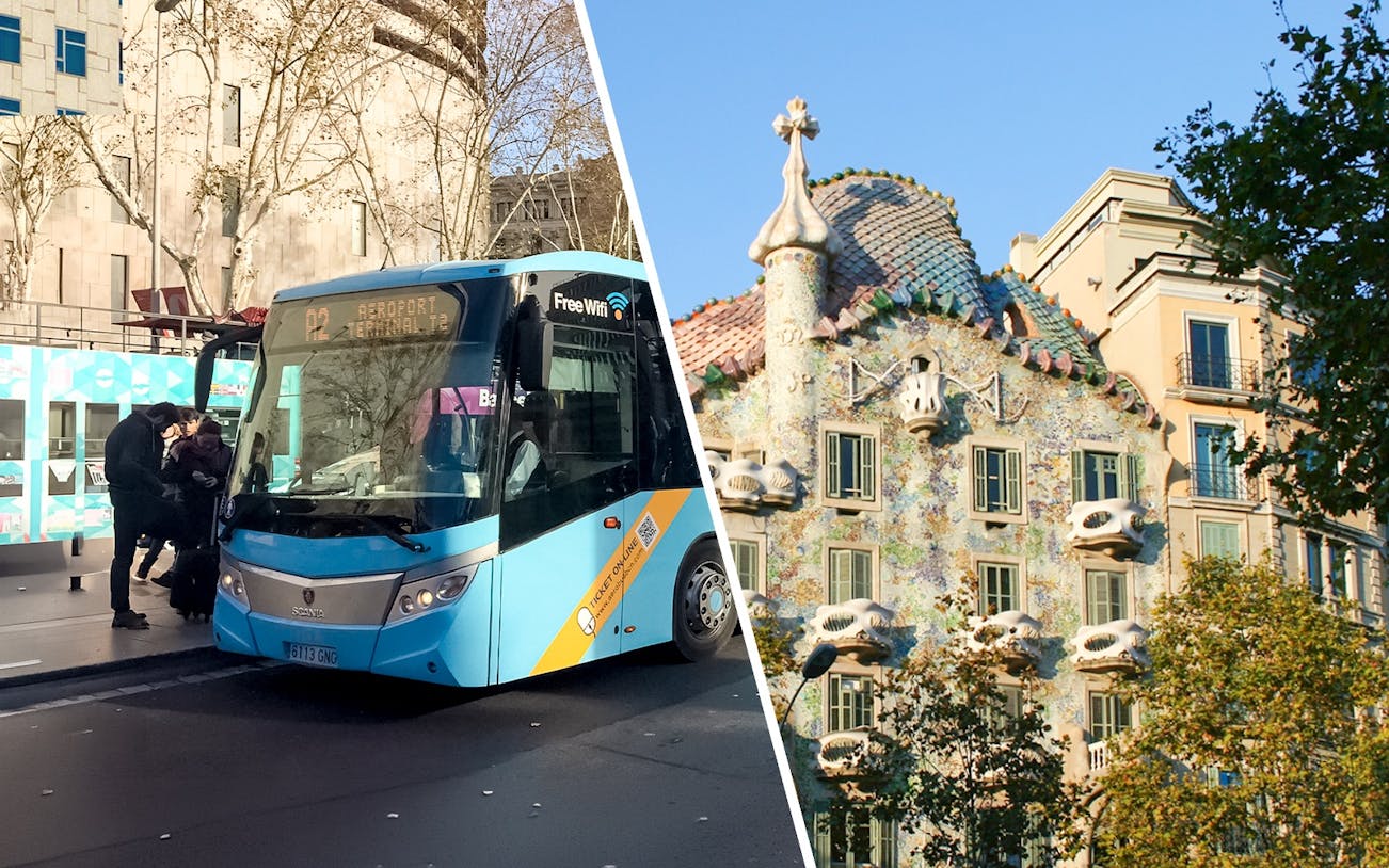 Aerobus in Barcelona city center with Casa Batlló in the background, offering airport transfers.