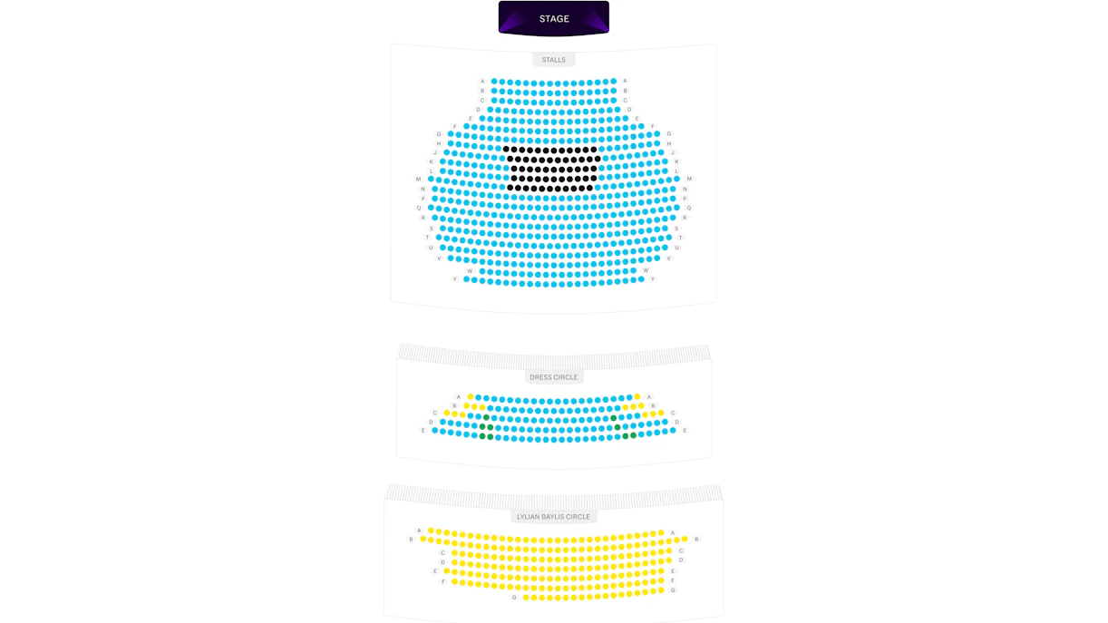 Seating chart for a theater with stalls, dress circle, and Lylian Baylis circle sections.