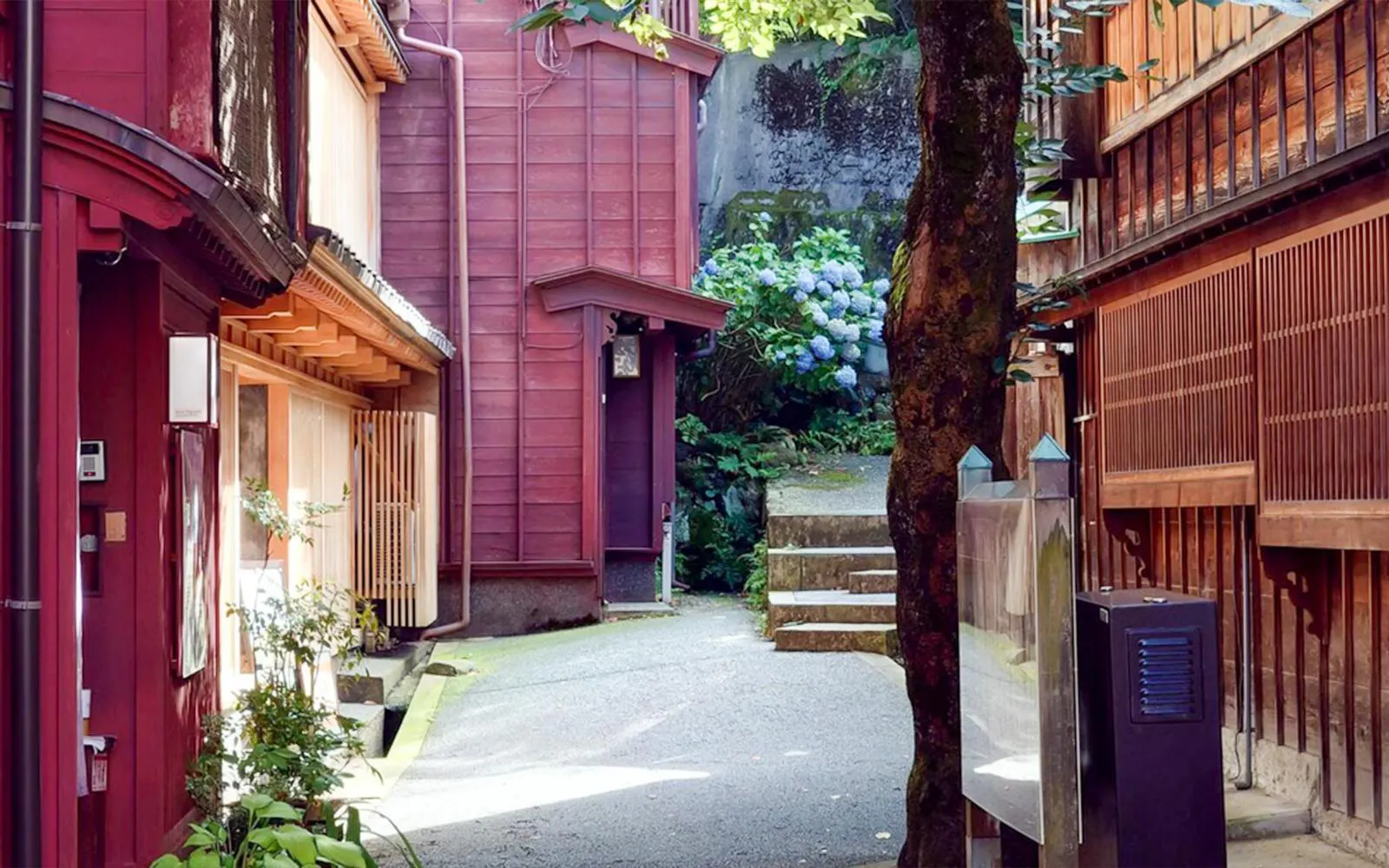 Traditional wooden buildings in Kanazawa's historic district, Japan.