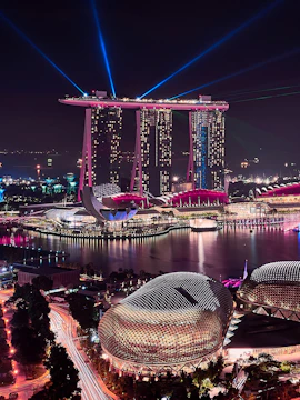 Marina Bay Sands and Esplanade at night with light show, Singapore events.