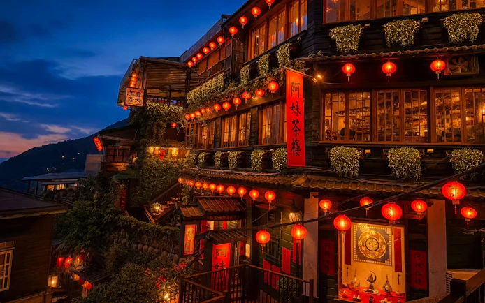 Red lantern-lit buildings in Jiufen, New Taipei City, Taiwan, at dusk.