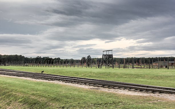 Rail tracks leading to Auschwitz-Birkenau with watchtower in the background.