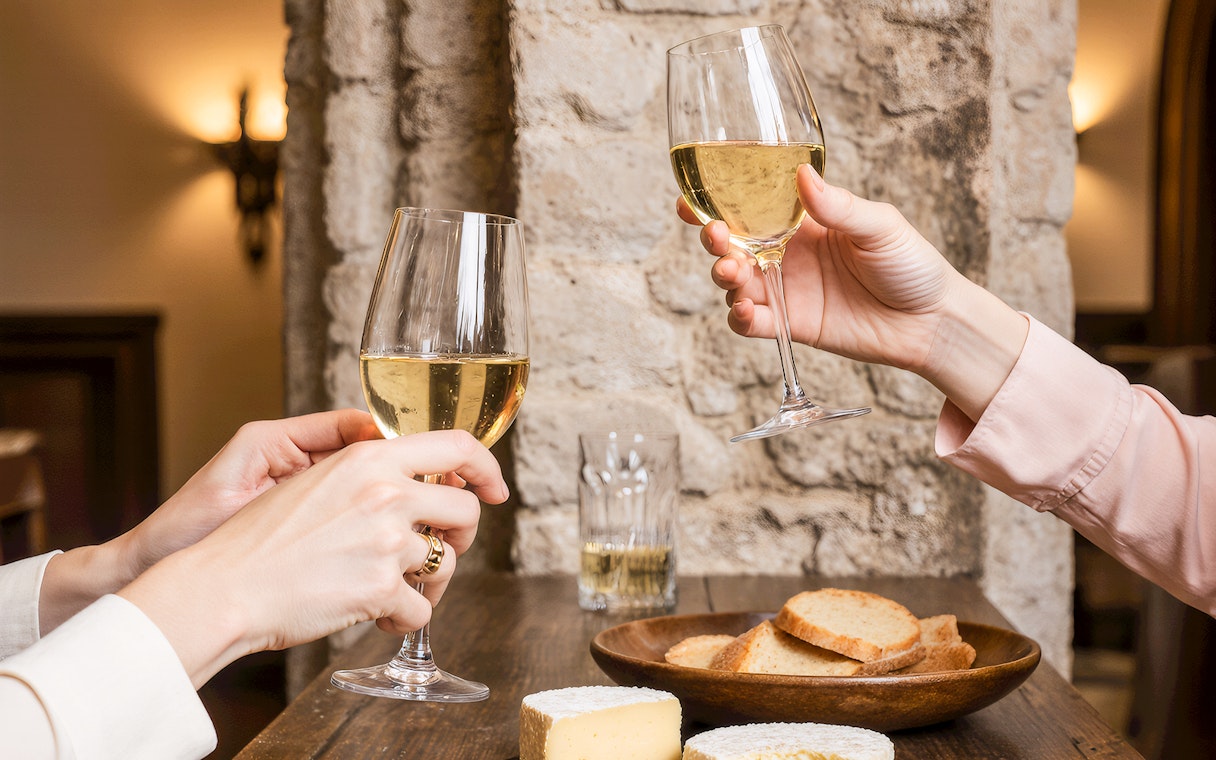 People clinking wine glasses over cheese platter at Cheese Museum in Paris.