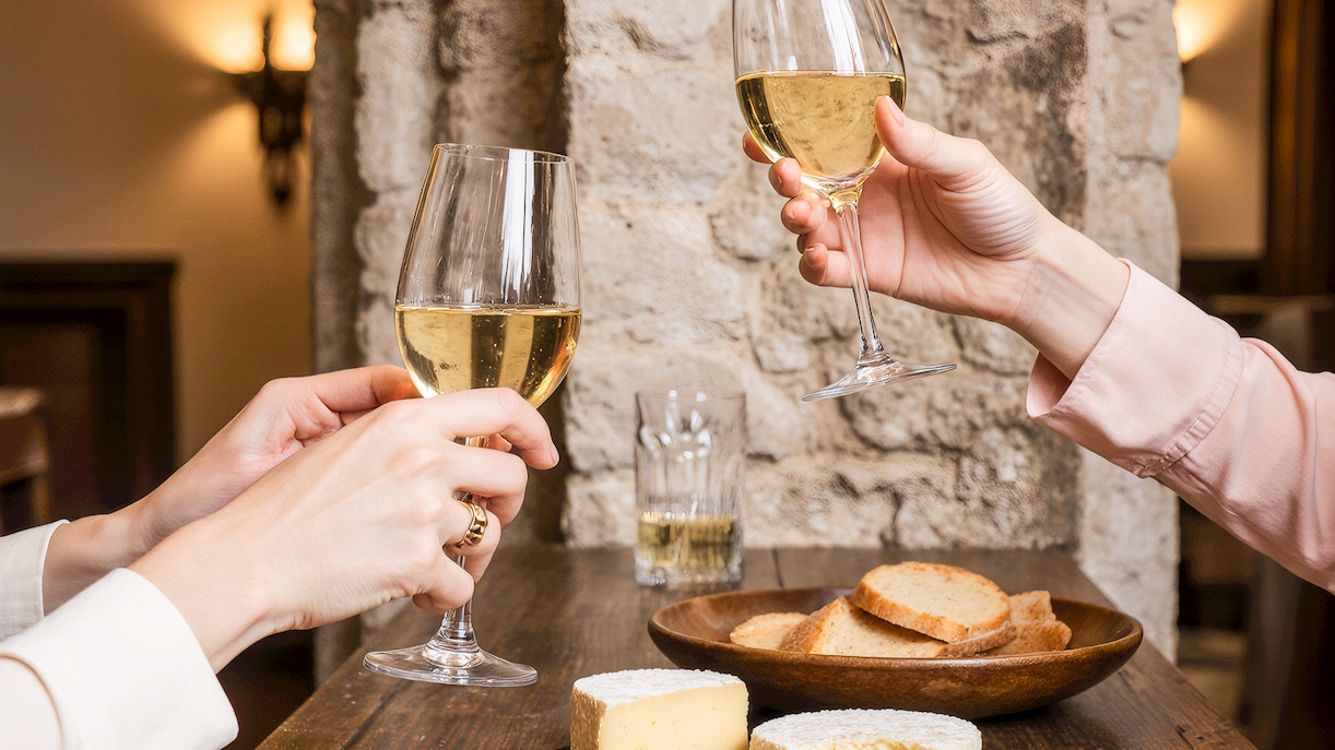 People clinking wine glasses over cheese platter at Cheese Museum in Paris.