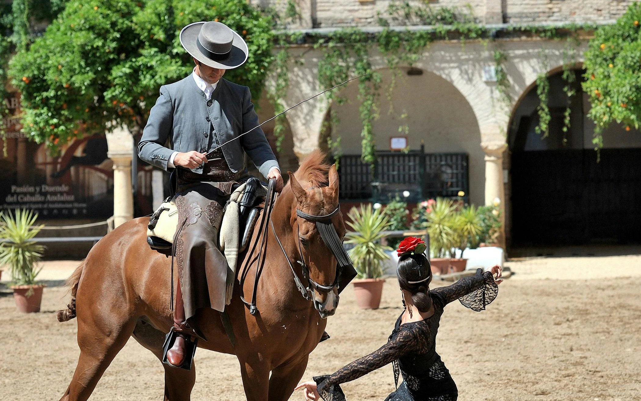 Equestrian performance with rider and dancer in Cordoba, Spain.