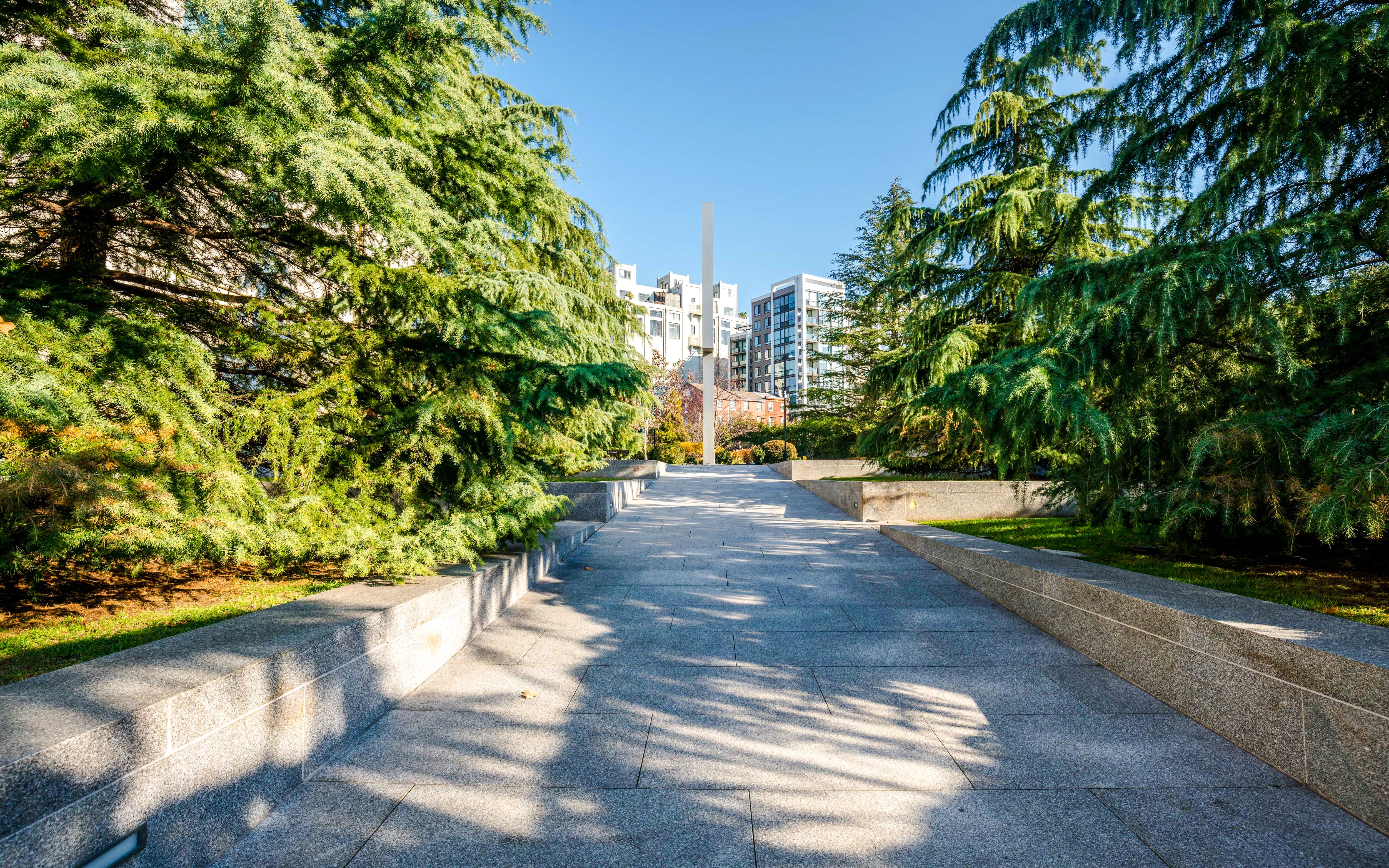 Pathway through trees in outdoor park at Barnes Foundation, Philadelphia.