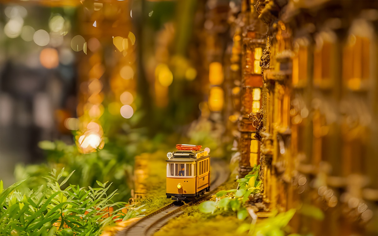 Miniature train on a track surrounded by plants at New York Botanical Gardens.