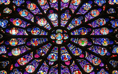 Notre-Dame Cathedral stained glass rose window in Paris.