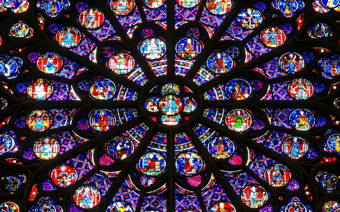 Notre-Dame Cathedral stained glass rose window in Paris.