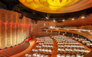Dinner show venue with stage and seating at Roxy in Rio de Janeiro.