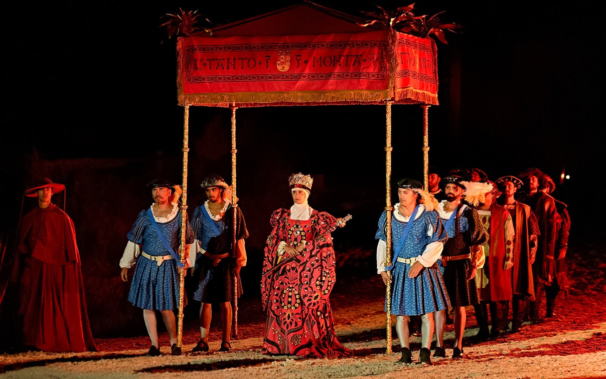 Performers in historical costumes during The Dream of Toledo night show.