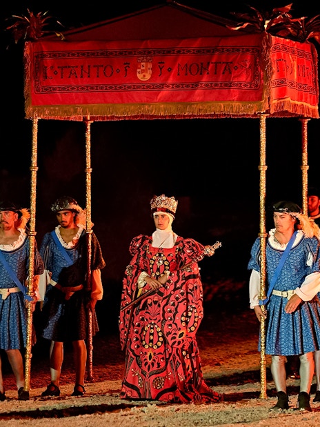Performers in historical costumes during The Dream of Toledo night show.
