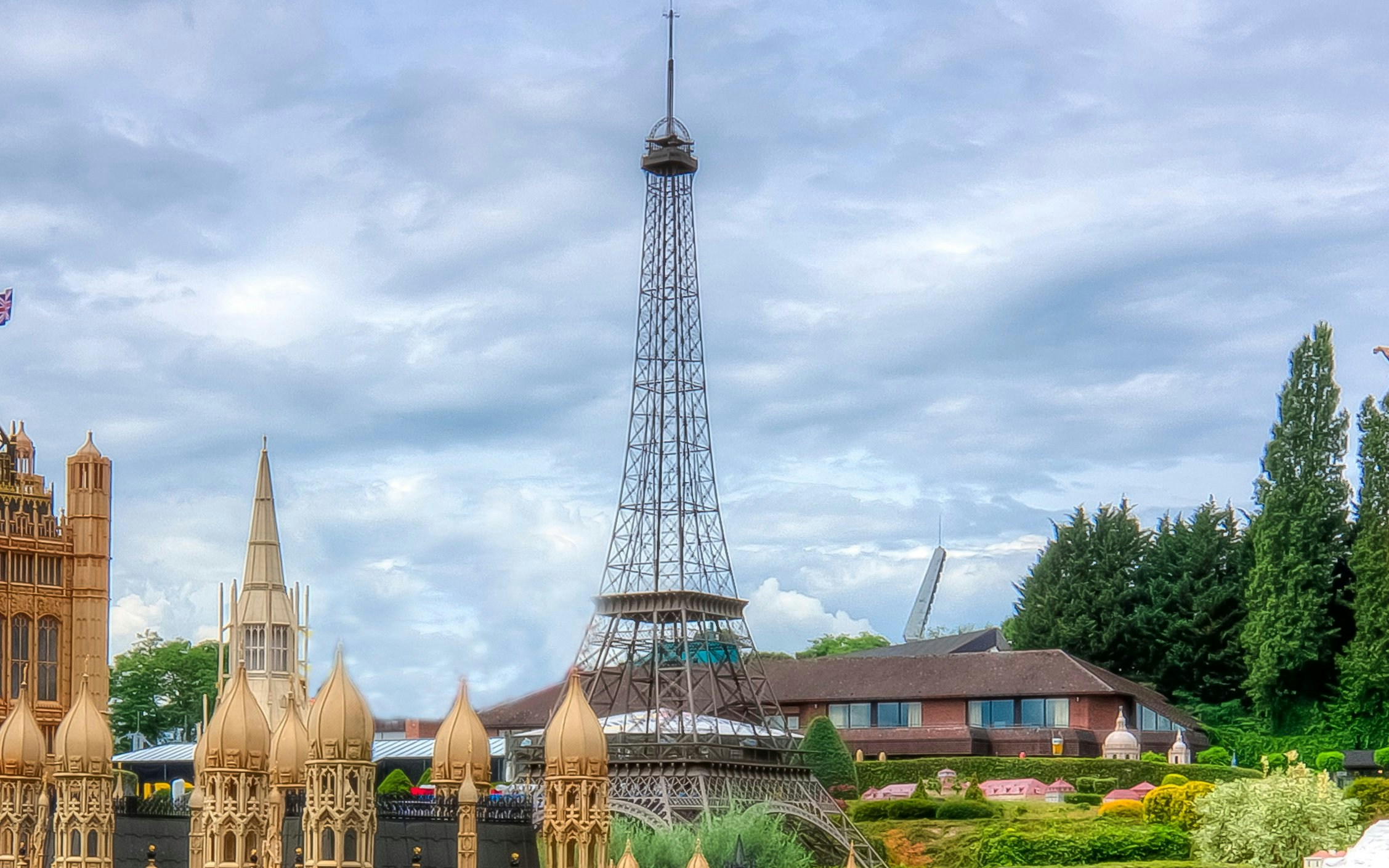 Miniature Big Ben and Eiffel Tower at Mini-Europe Park, Brussels, Belgium.