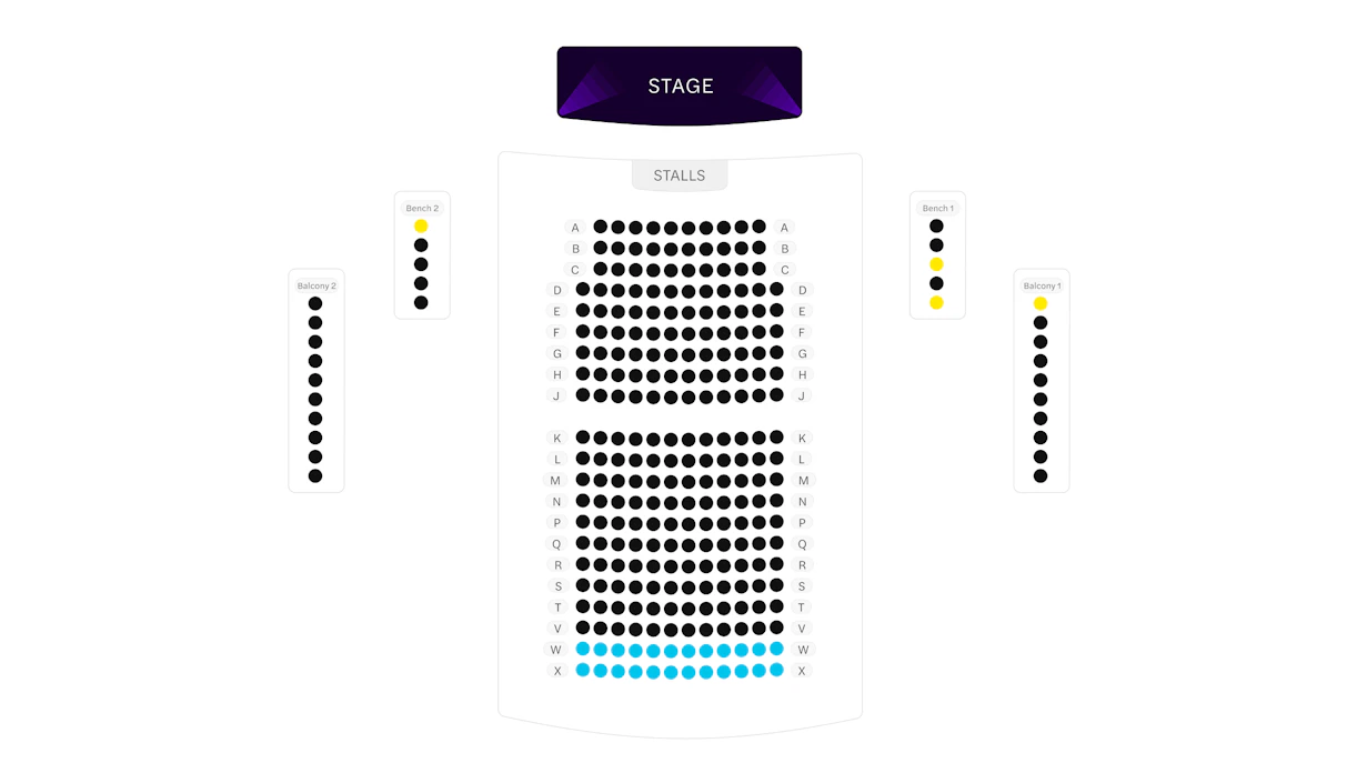Theater seating chart with stage, stalls, benches, and balconies.