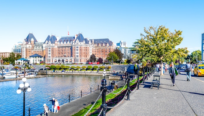 Victoria cityscape with downtown buildings and Inner Harbour, Canada.
