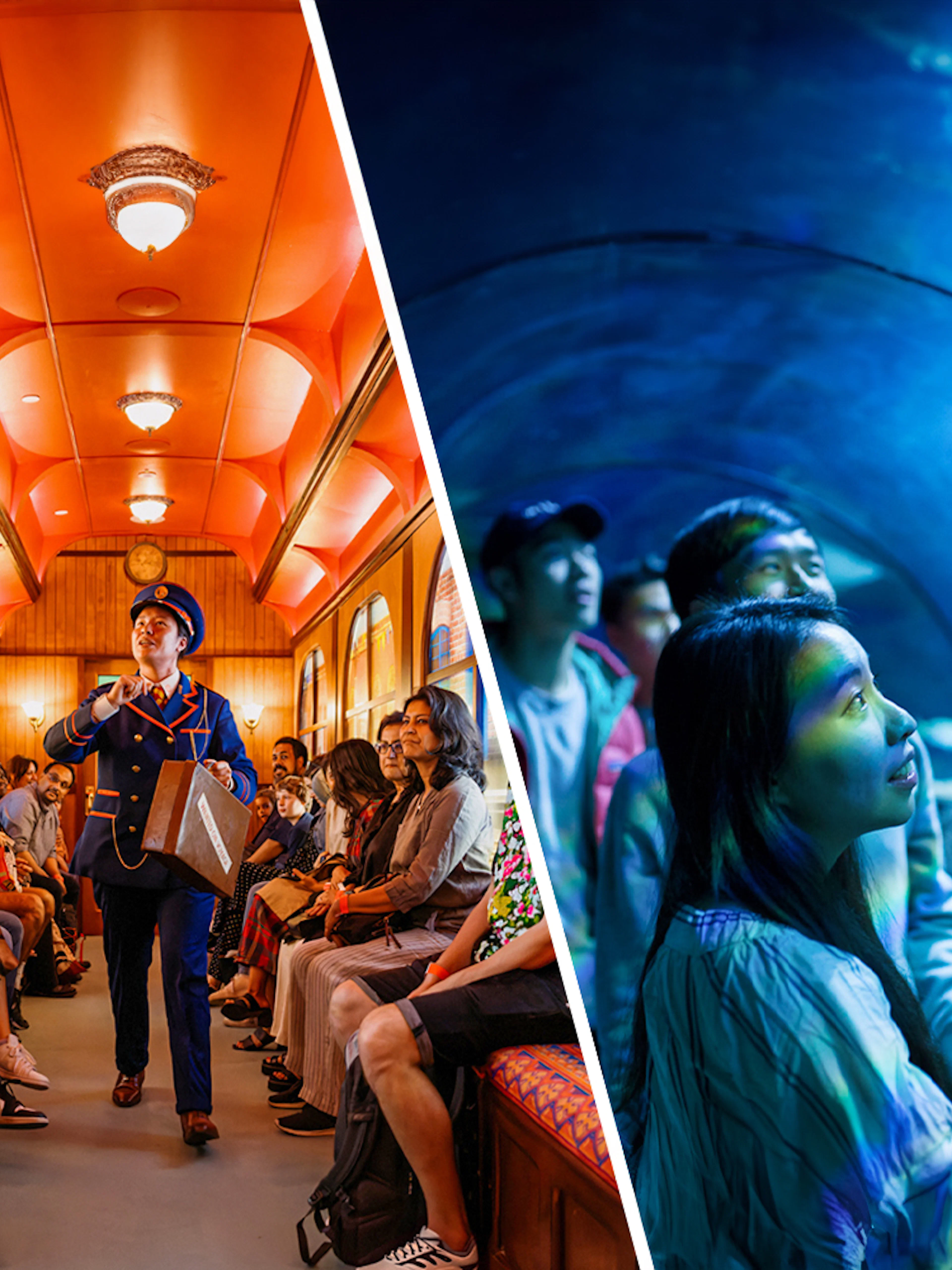 Paddington train experience and visitors in Sea Life London aquarium tunnel.