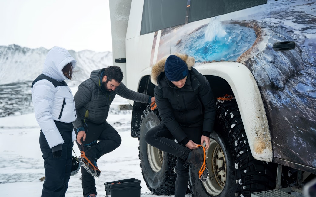 Preparing super jeeps for a snowy expedition with Troll Expeditions.