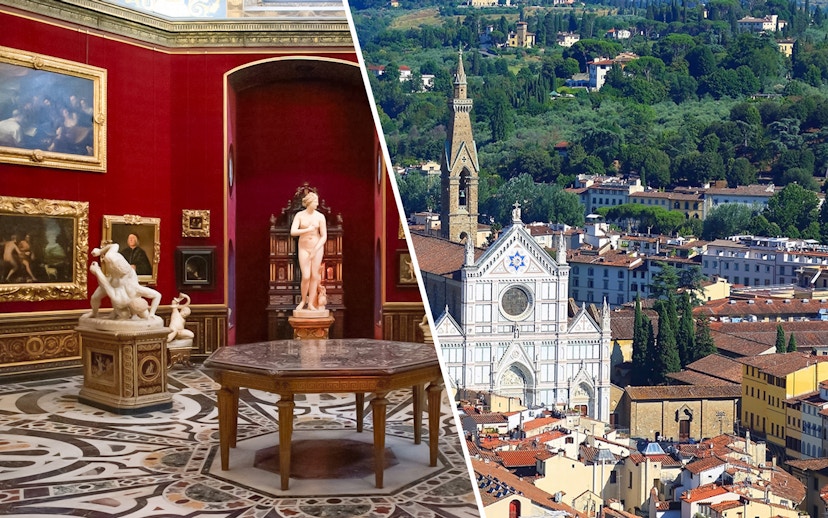 Uffizi Gallery sculptures and Santa Croce Basilica in Florence, Italy.