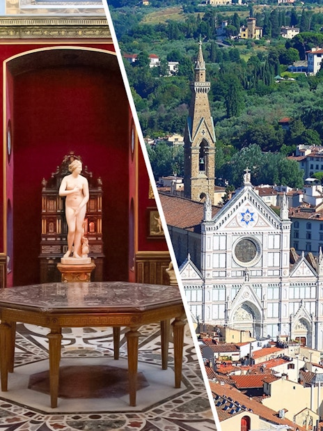 Uffizi Gallery sculptures and Santa Croce Basilica in Florence, Italy.