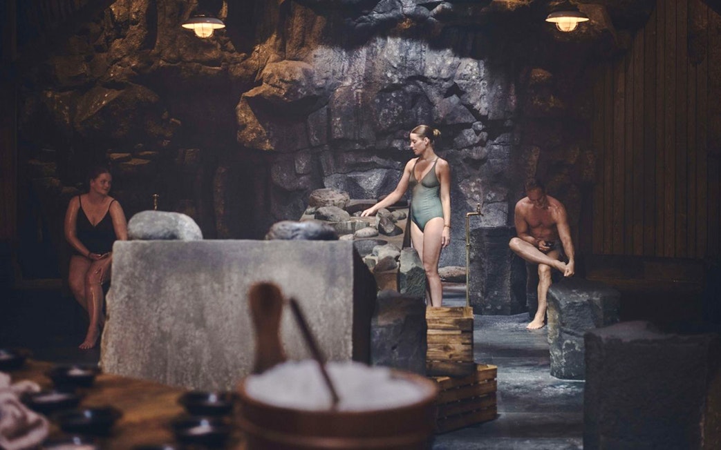 Guests participating in Skjól Ritual at Sky Lagoon, Iceland.