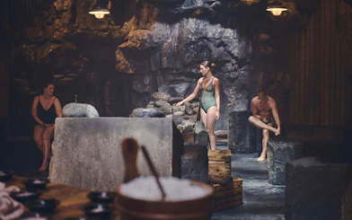 Guests participating in Skjól Ritual at Sky Lagoon, Iceland.