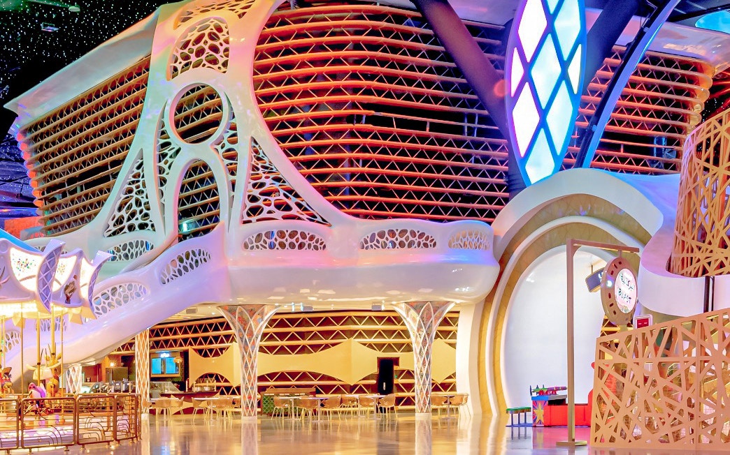 Futuristic architecture inside Doha Quest theme park, Qatar.