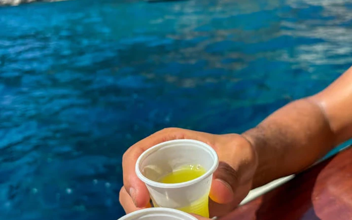 Hands holding cups of limoncello on a Capri boat tour with blue sea background.