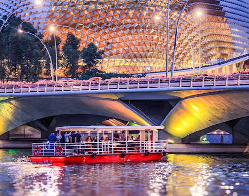 Singapore River Cruise boat on water with city skyline in background