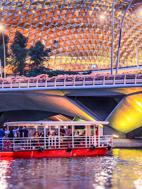 Singapore River Cruise boat passing under Esplanade Bridge at dusk.